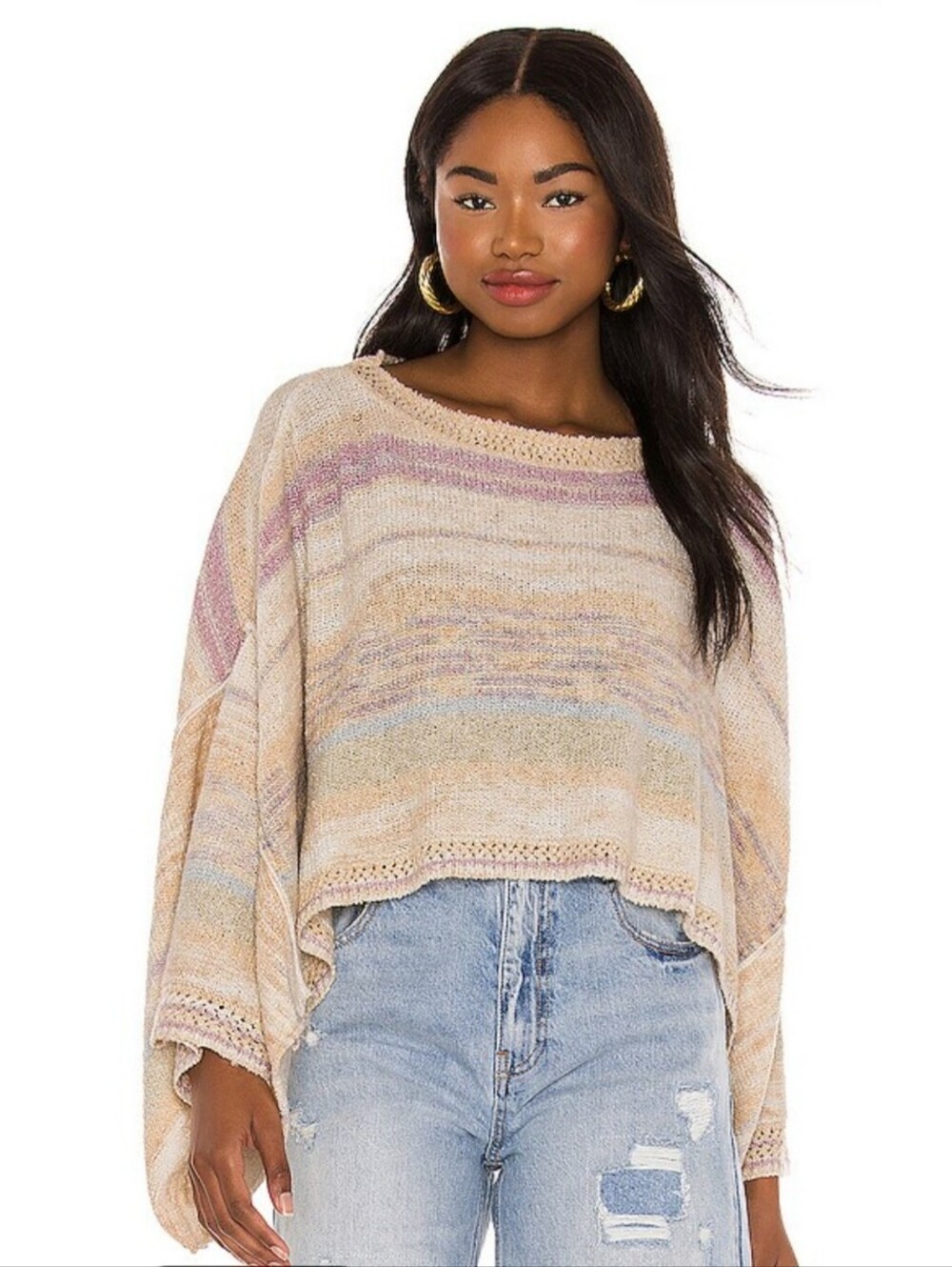 Free‎ People Saturn Poncho In Warm Sky Combo Knit Boxy Sweater Women's Large
